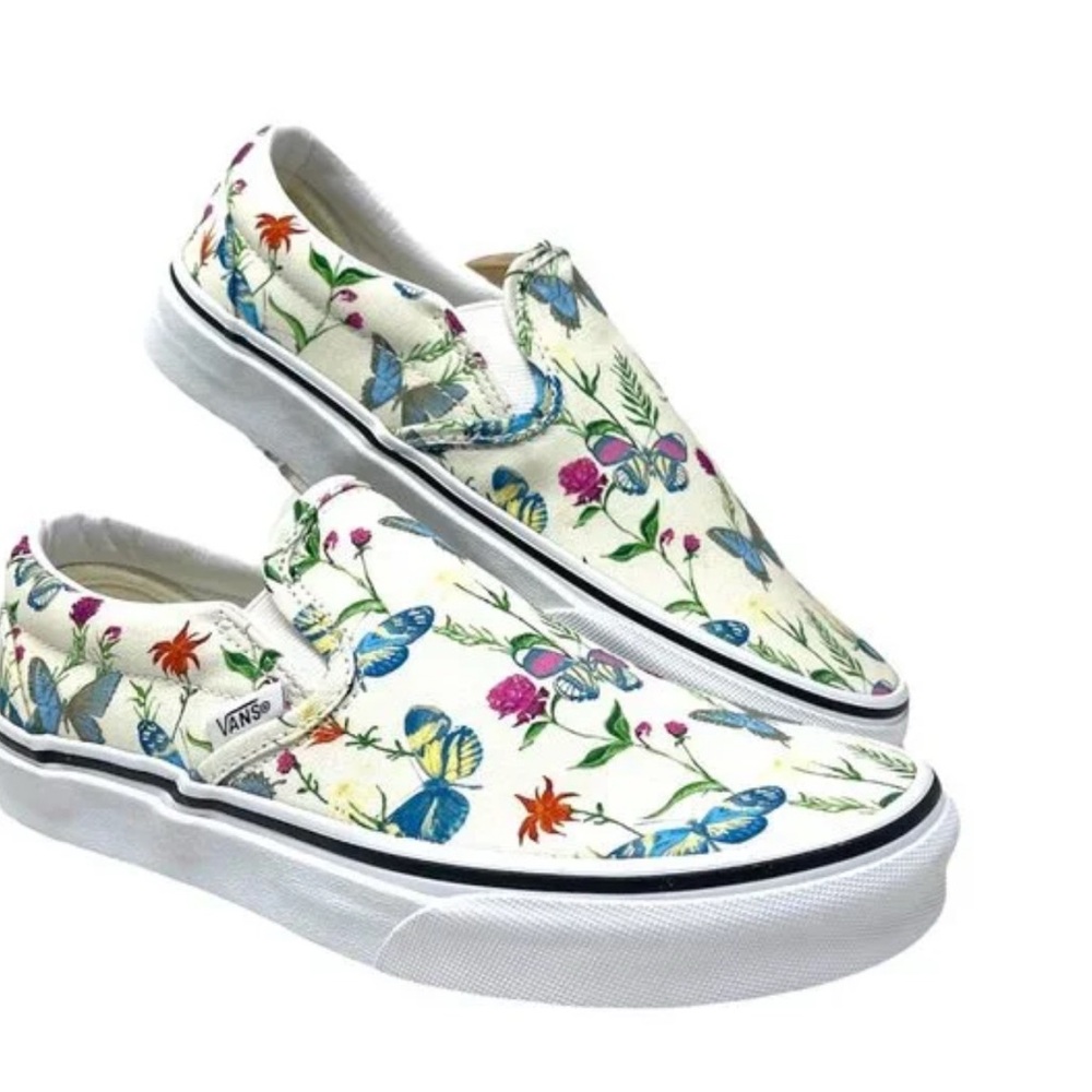 Vans White Slip-On Sneakers with Blue, Pink & Green Floral Butterfly Print